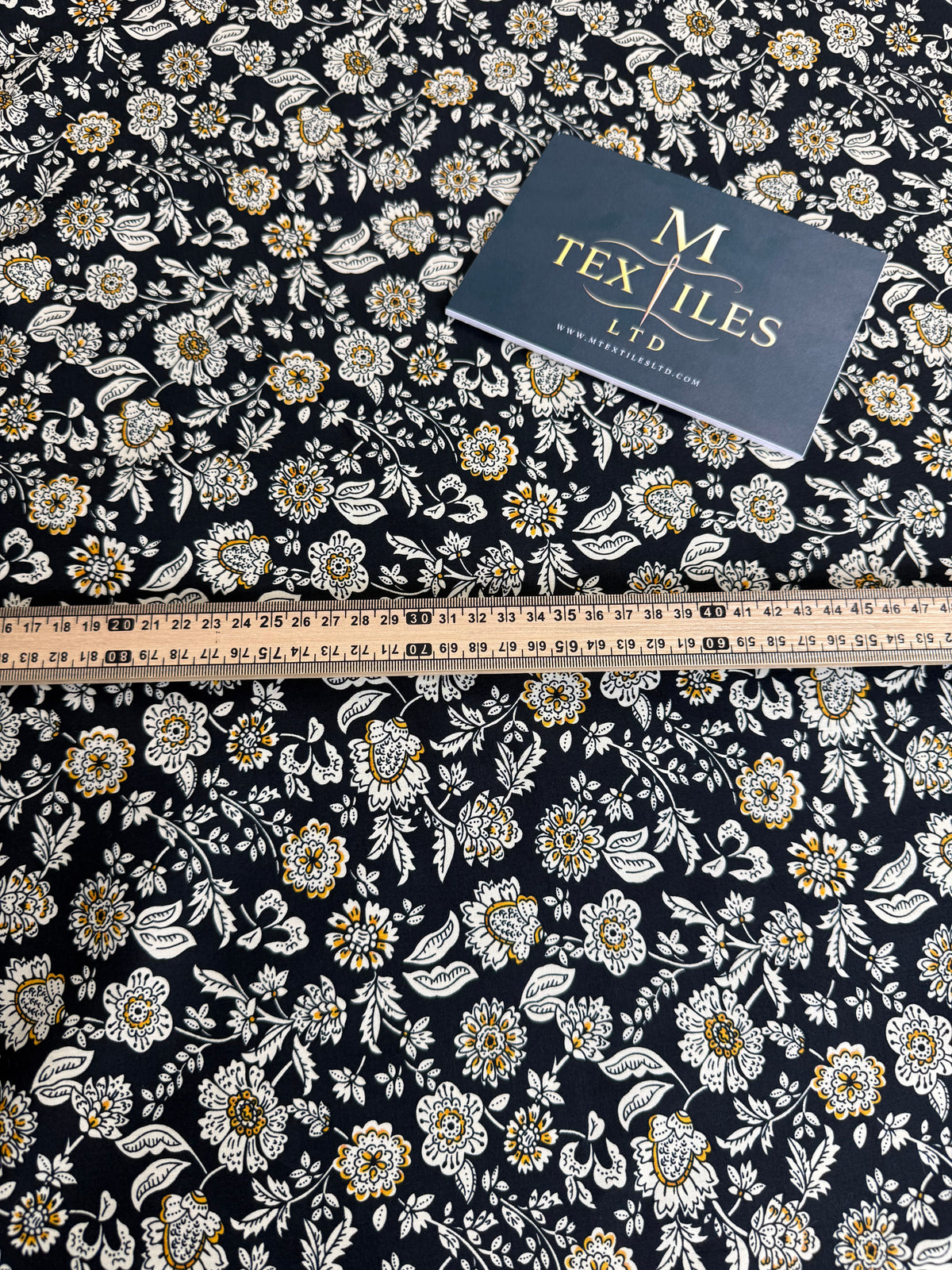 Cream & Gold Floral on Navy Cotton Dress Fabric | Sold by the Metre