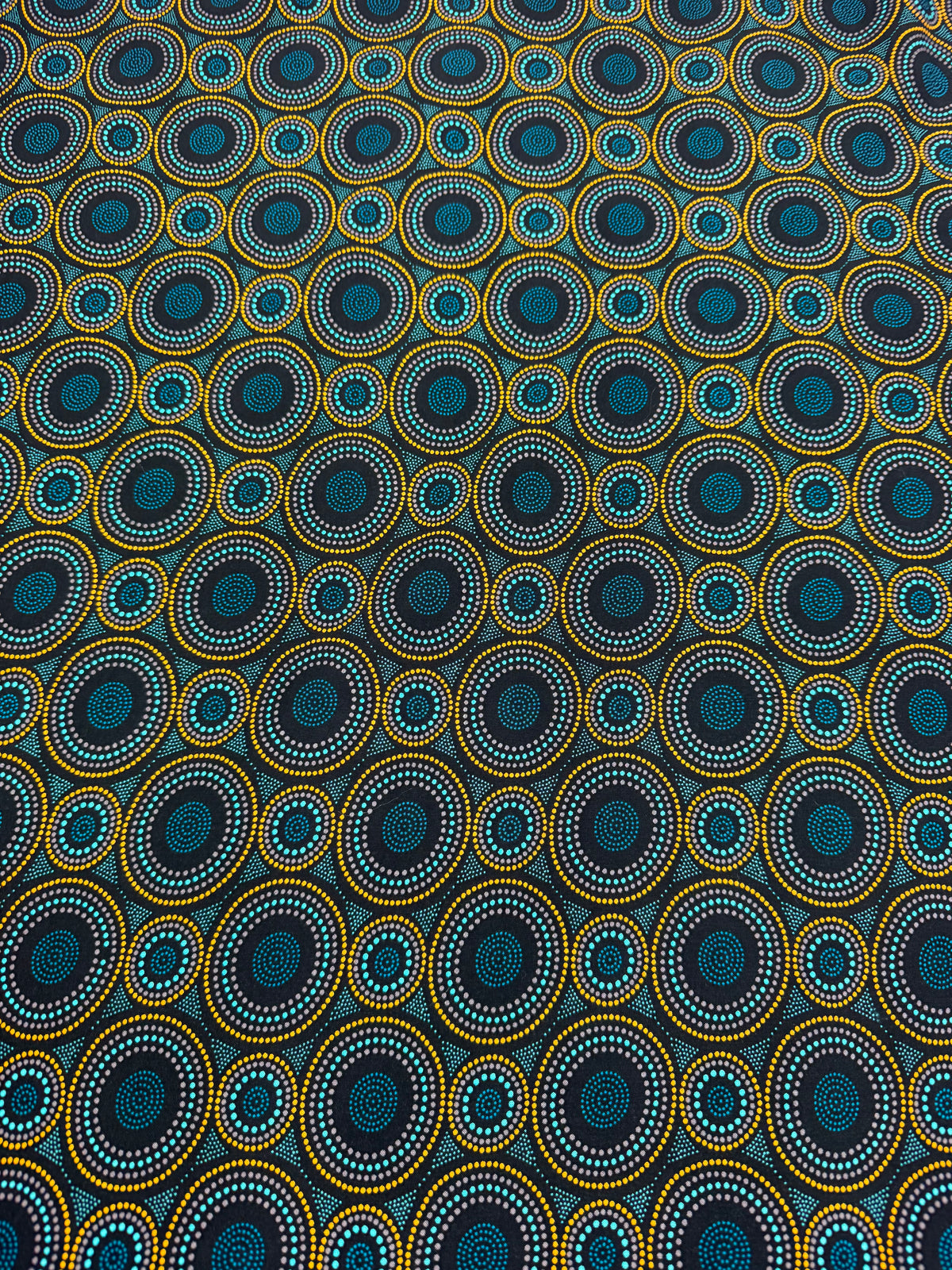 Teal & Ochre Circles Viscose Dress Fabric | Sold by the Metre