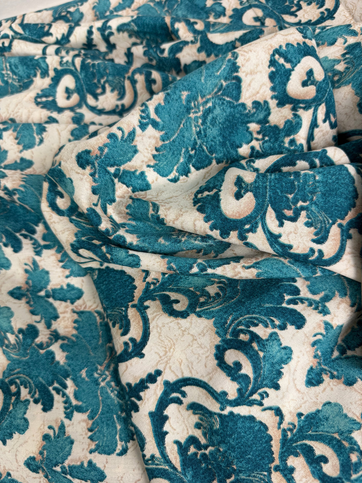 Teal Damask Viscose Dress Fabric | Sold by the Metre