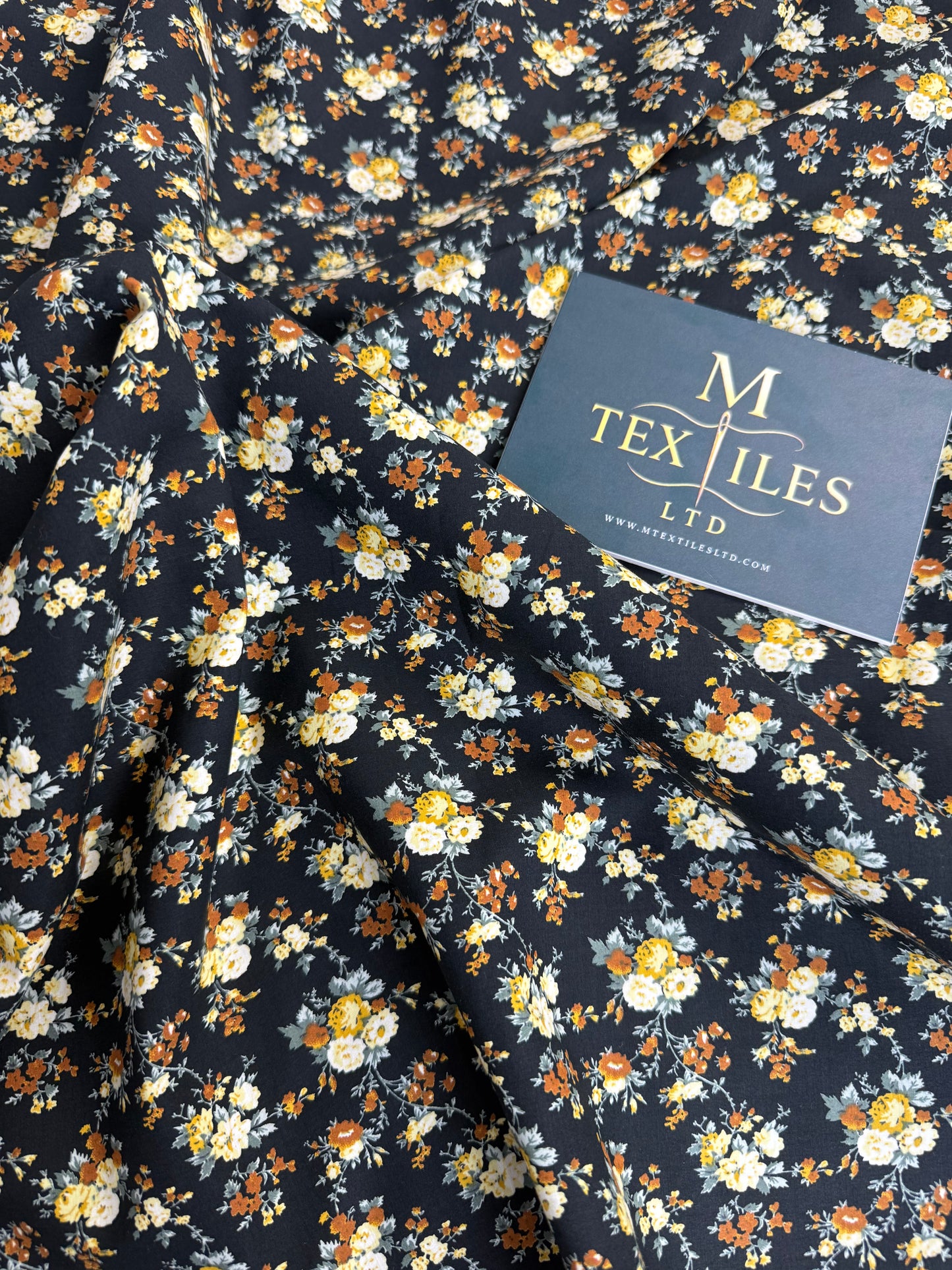 Autumn Rose on Black Cotton Dress Fabric | Sold by the Metre
