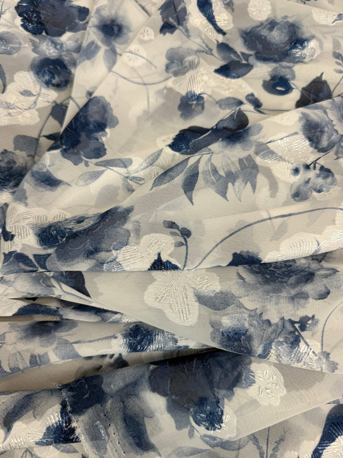 Navy Watercolour Floral Lurex Chiffon Fabric | Sold by the Metre
