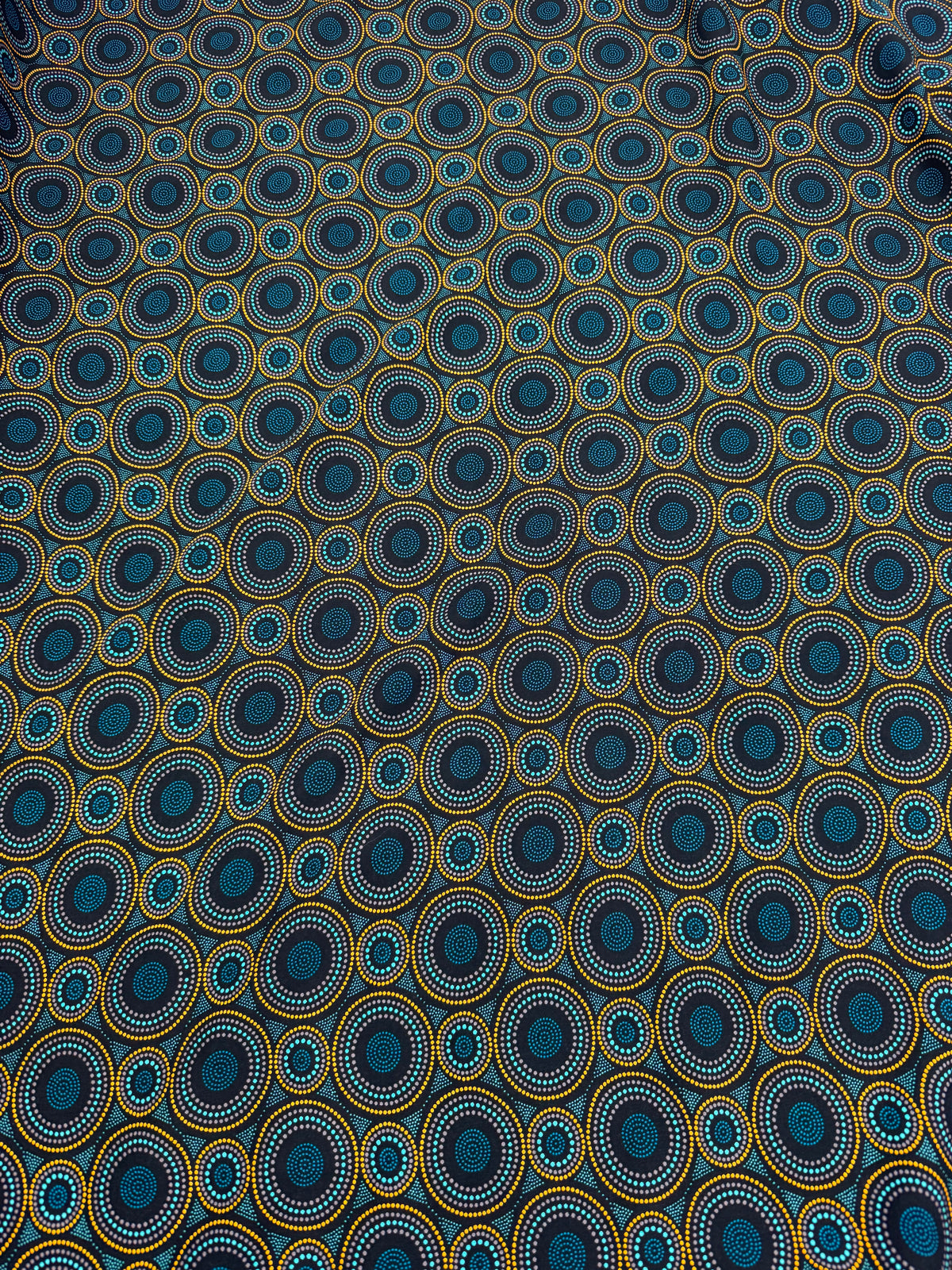 Teal & Ochre Circles Viscose Dress Fabric | Sold by the Metre