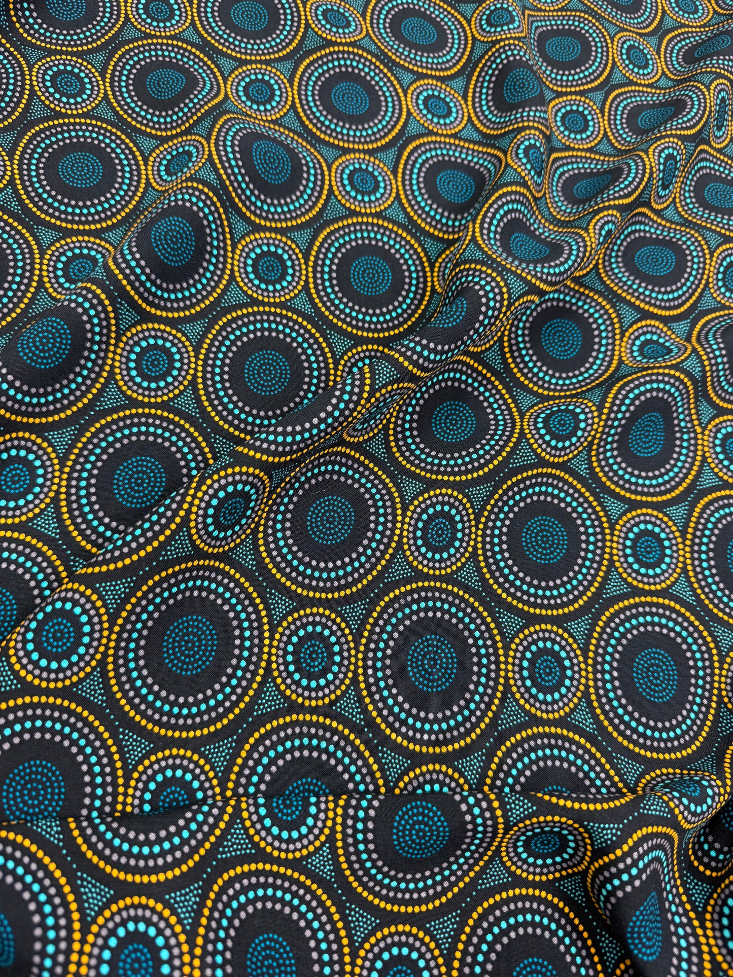 Teal & Ochre Circles Viscose Dress Fabric | Sold by the Metre