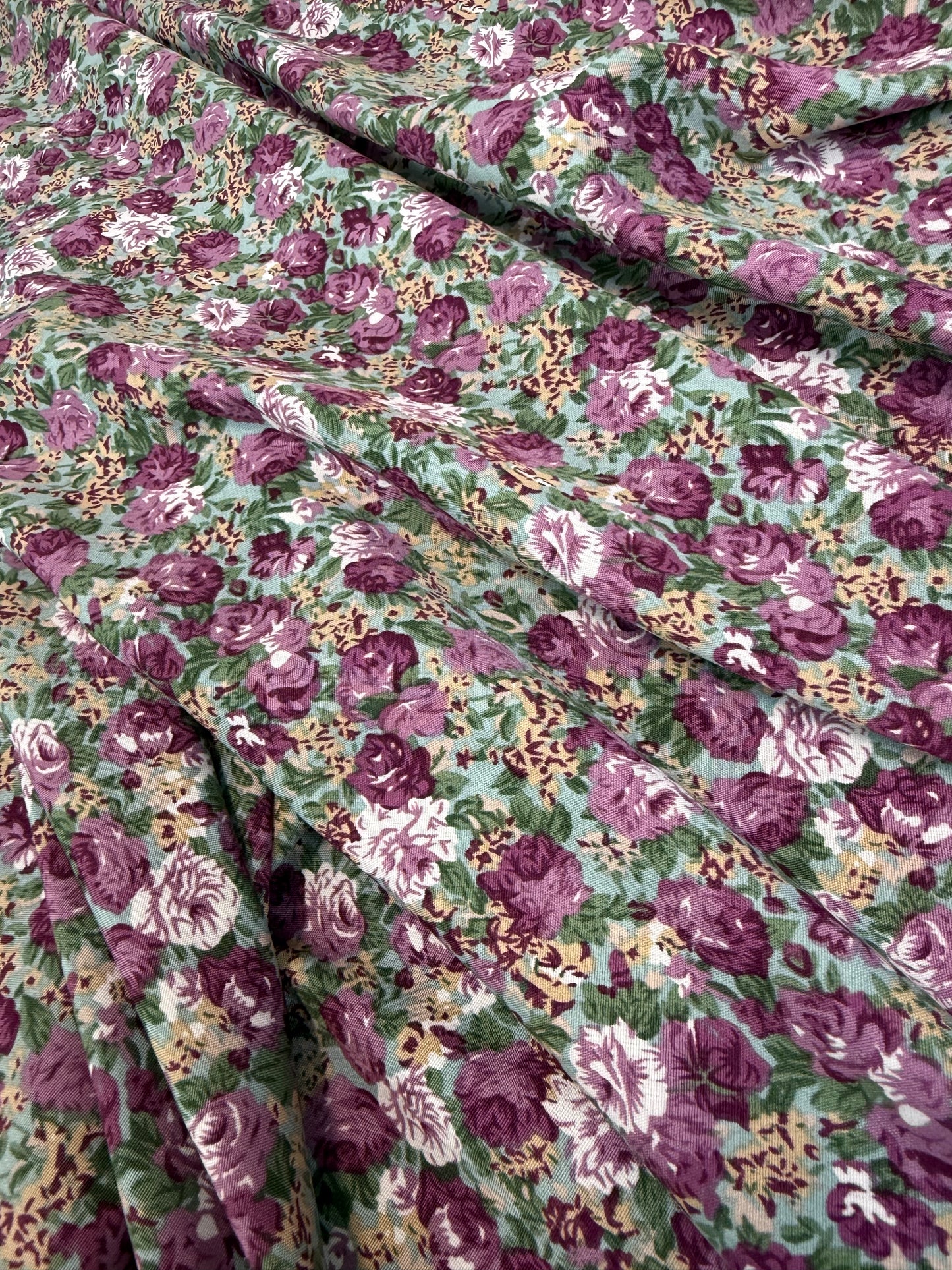 Plum Rose Bouquet Polyester Dress Fabric | Sold by the Metre
