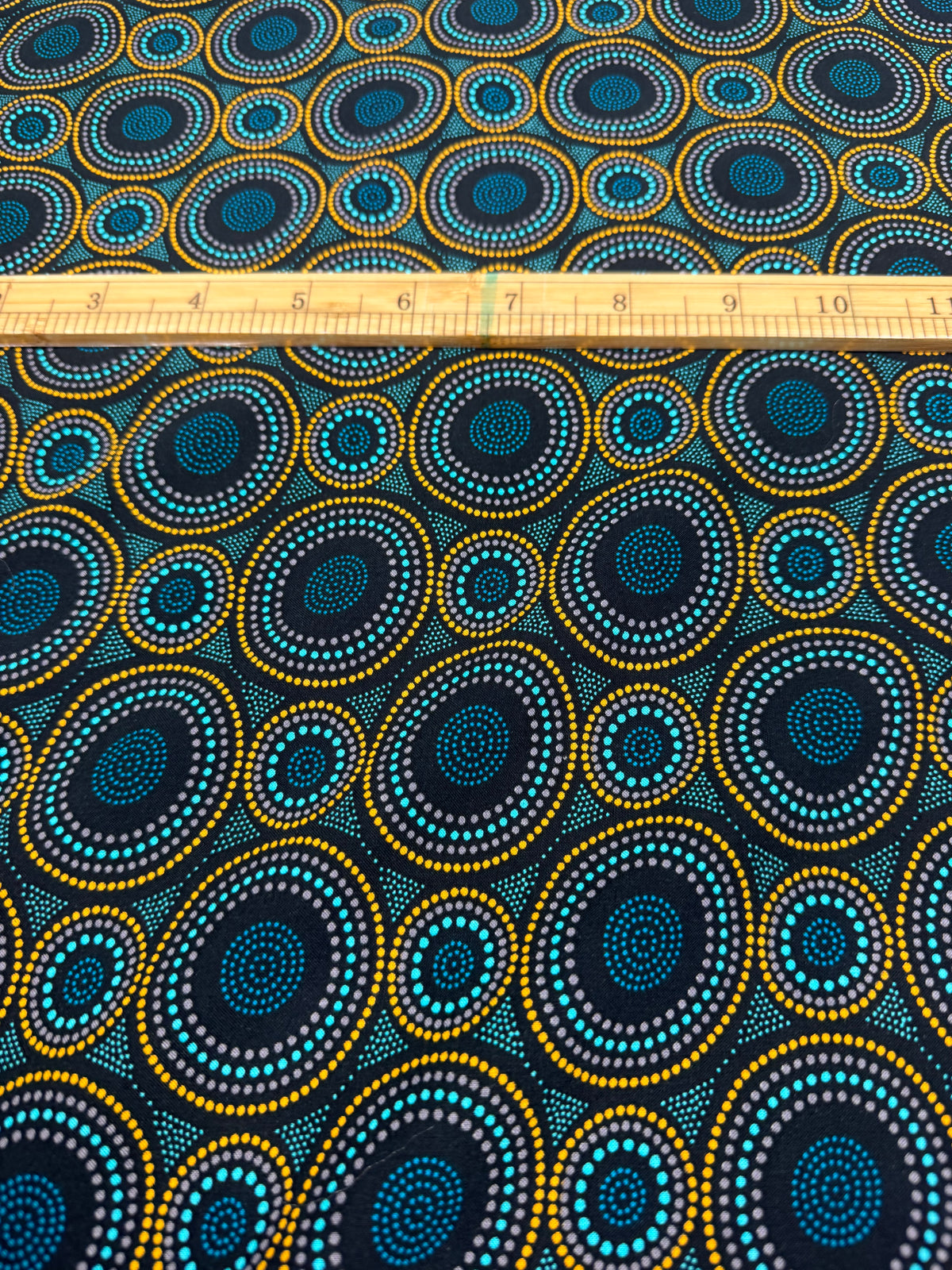 Teal & Ochre Circles Viscose Dress Fabric | Sold by the Metre