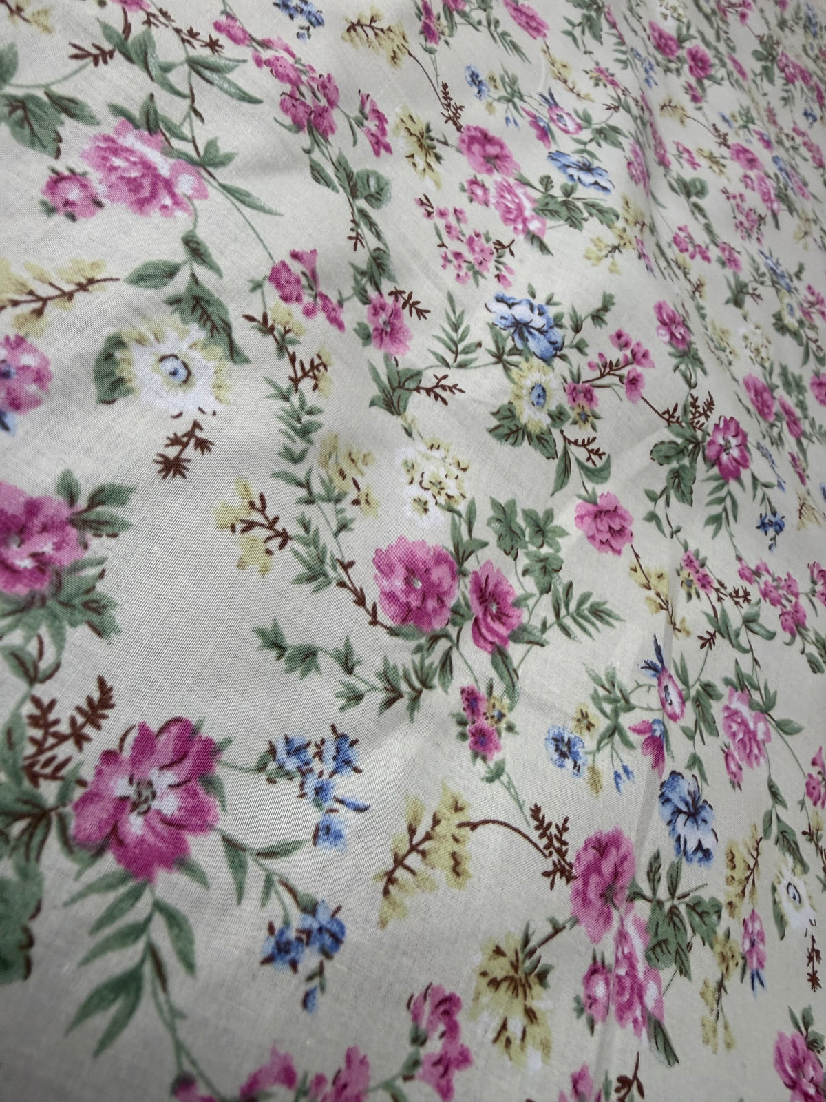Pink Rose Spray on Cream Cotton Dress Fabric | Sold by the Metre