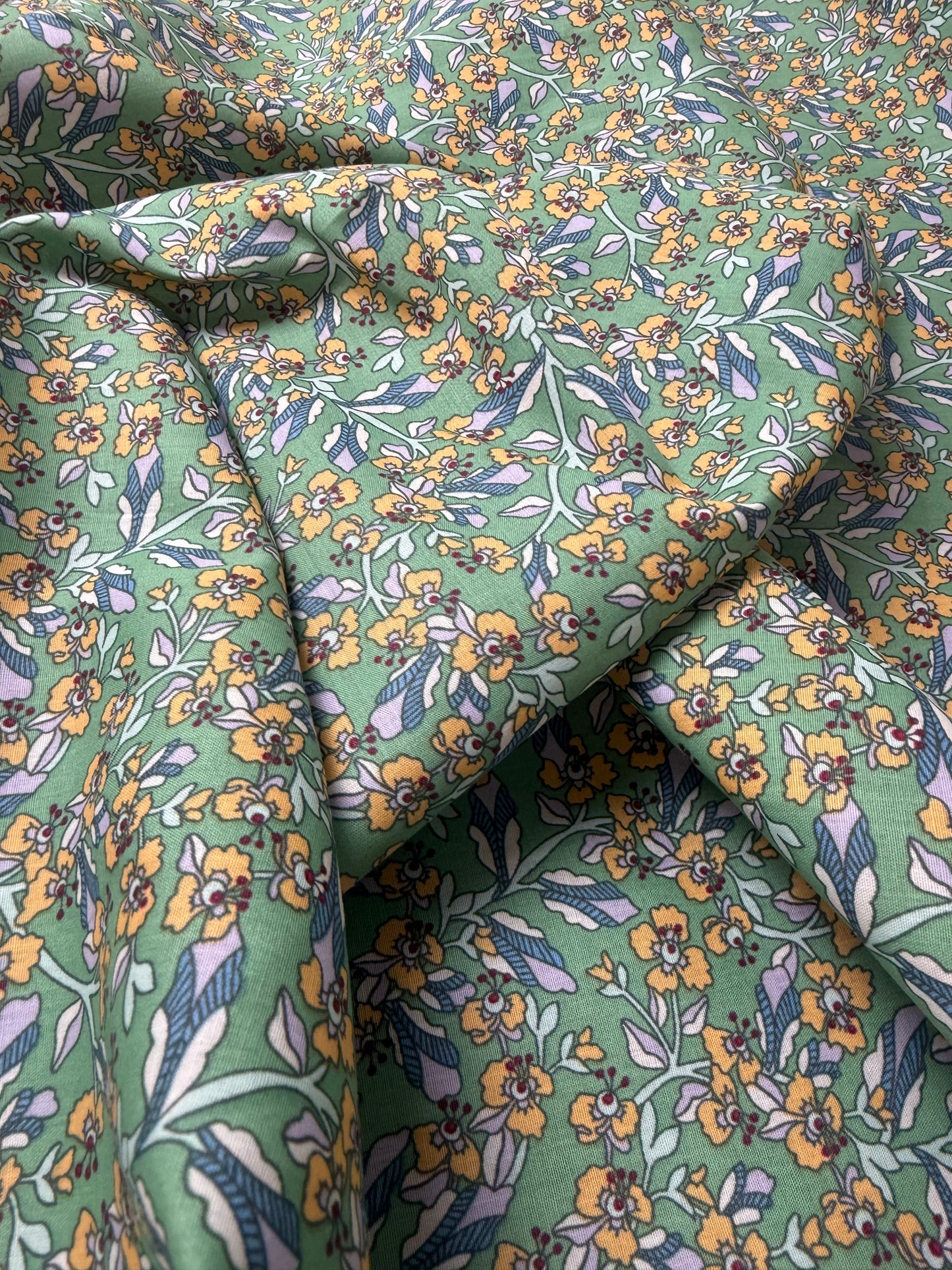 Apricot Floral on Sage Cotton Dress Fabric | Sold by the Metre
