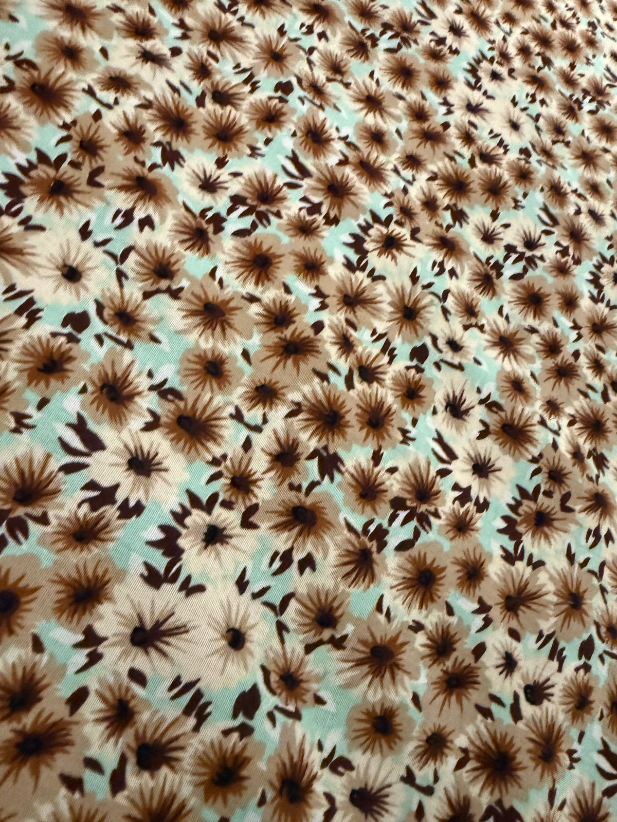 Chocolate Daisy on Mint Viscose Dress Fabric | Sold by the Metre