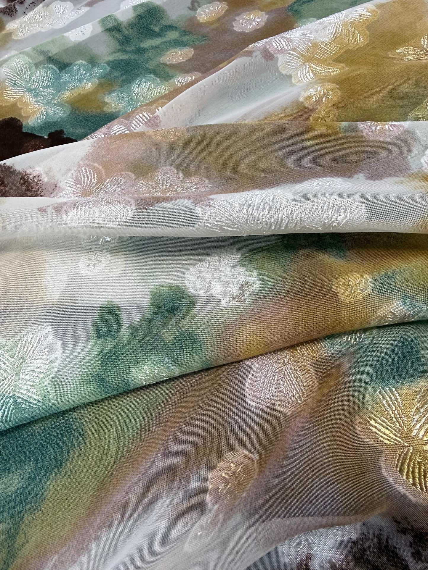 Mustard & Teal Watercolour Lurex Chiffon Fabric | Sold by the Metre