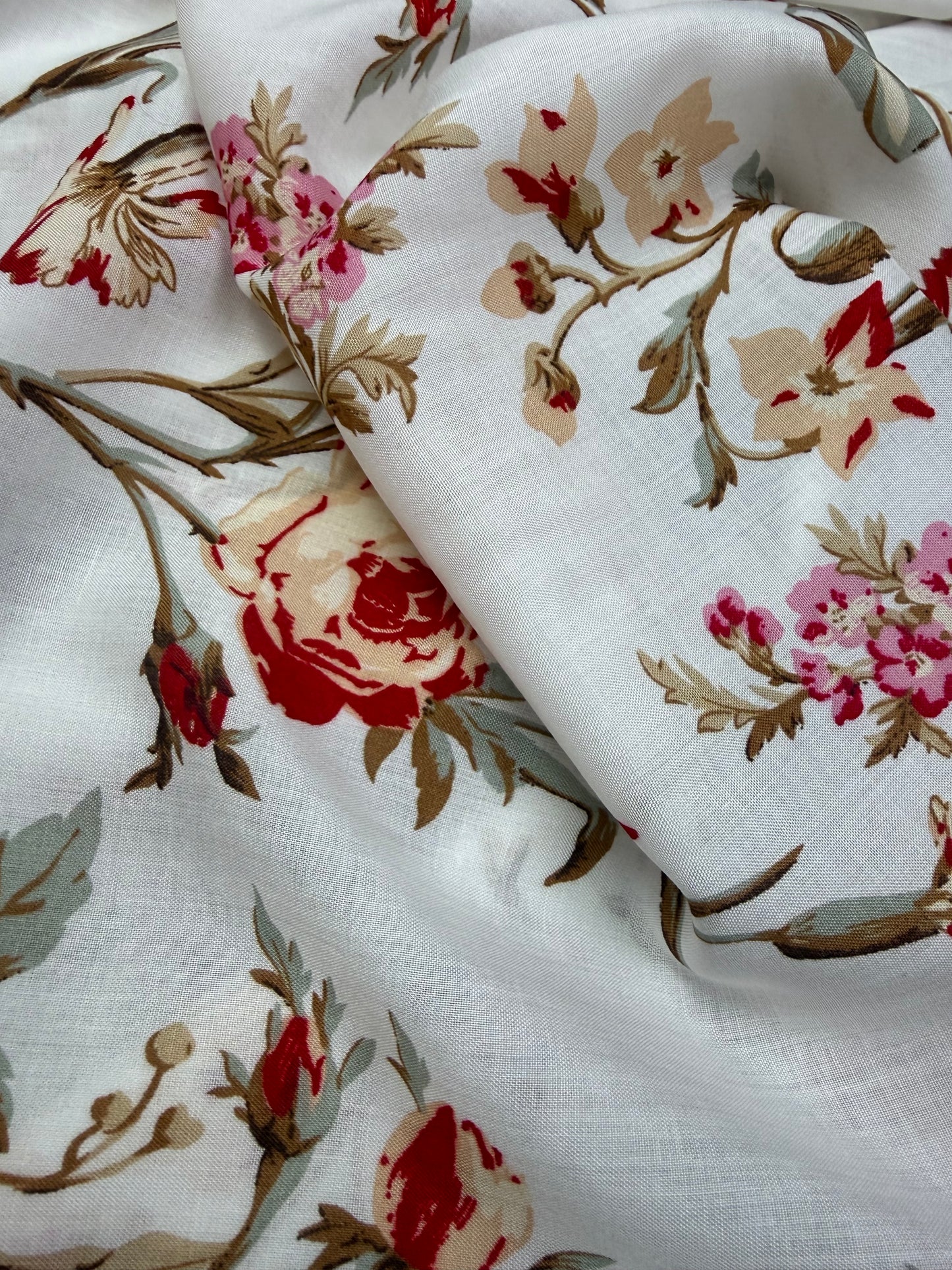 Vintage Rose on Ivory Viscose Dress Fabric | Sold by the Metre