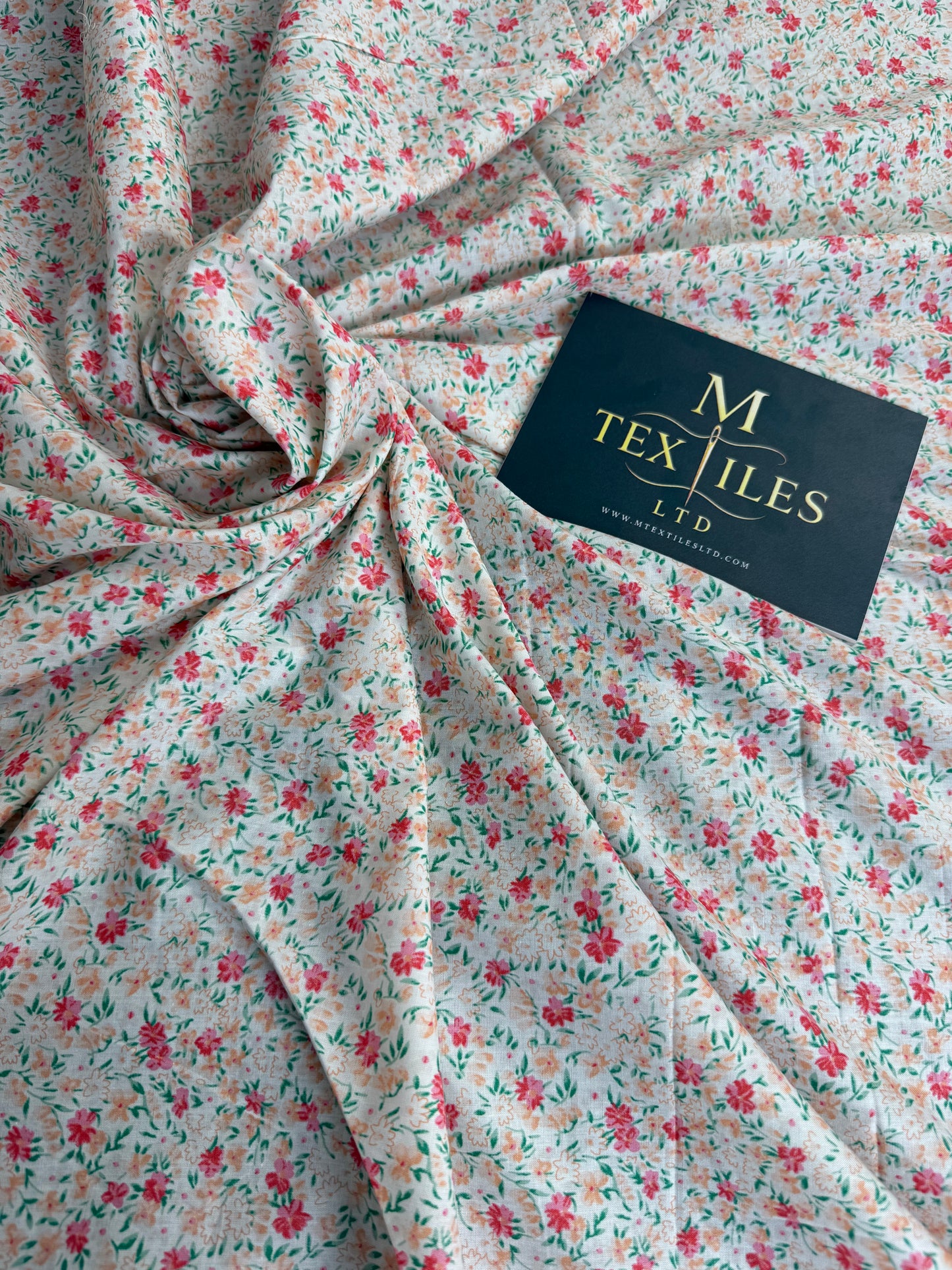 Pink Ditsy on Mint Cotton Dress Fabric | Sold by the Metre