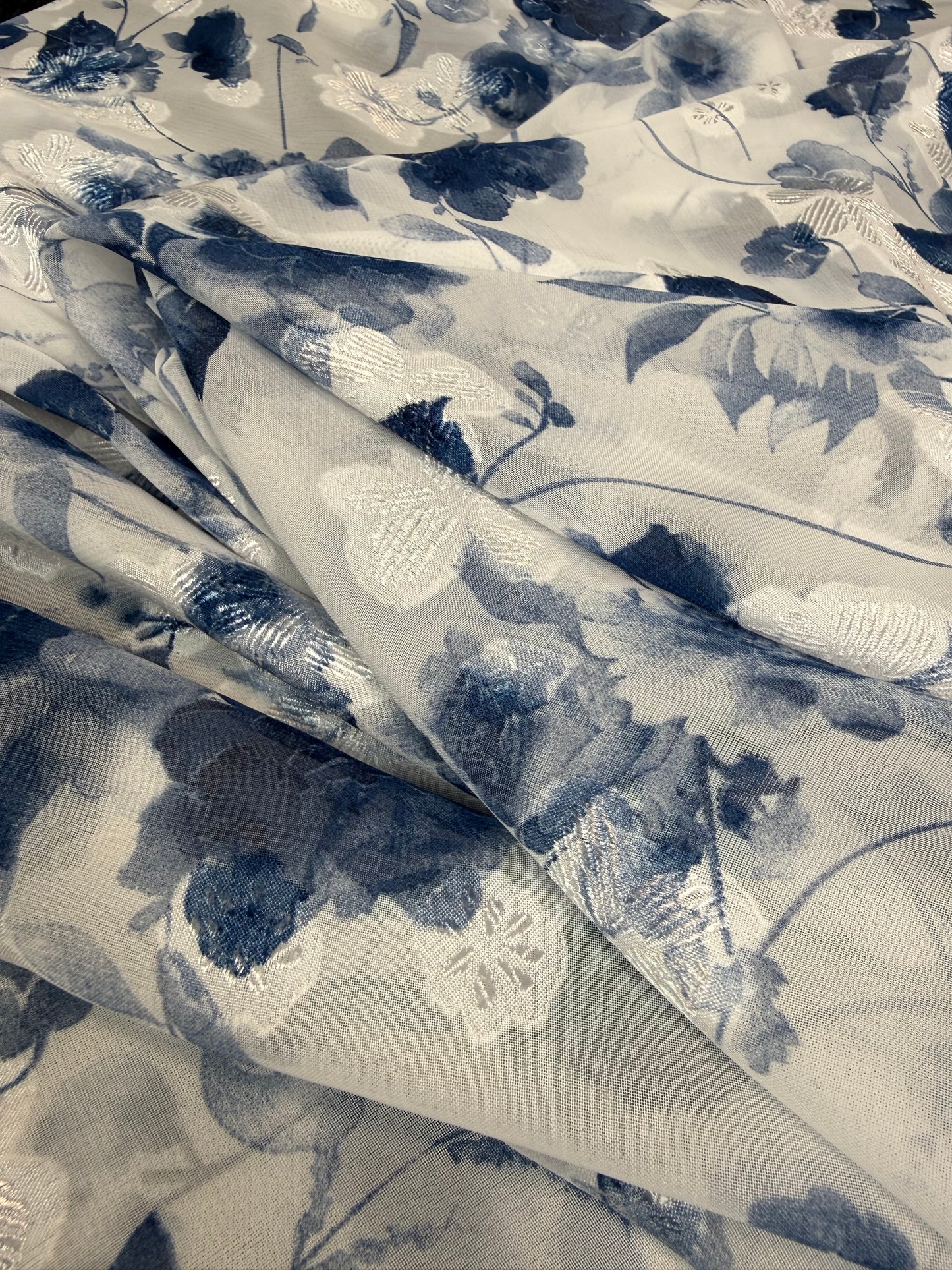 Navy Watercolour Floral Lurex Chiffon Fabric | Sold by the Metre