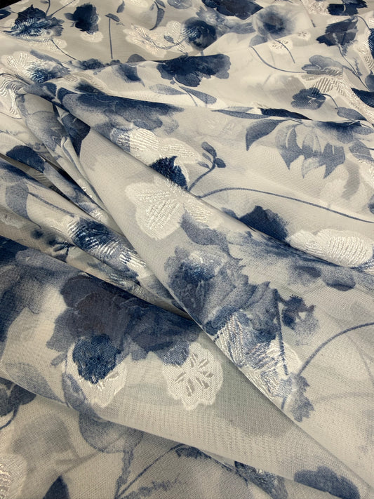 Navy Watercolour Floral Lurex Chiffon Fabric | Sold by the Metre
