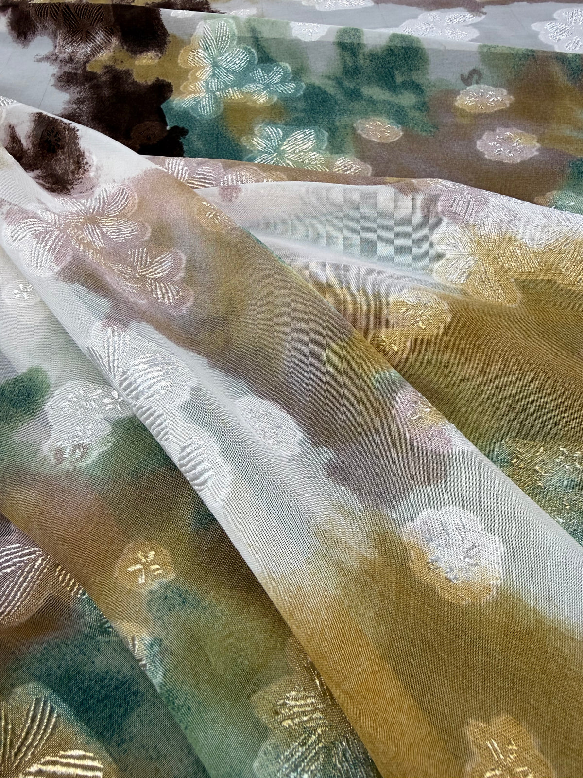 Mustard & Teal Watercolour Lurex Chiffon Fabric | Sold by the Metre