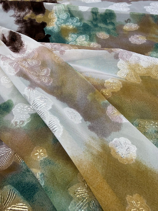 Mustard & Teal Watercolour Lurex Chiffon Fabric | Sold by the Metre