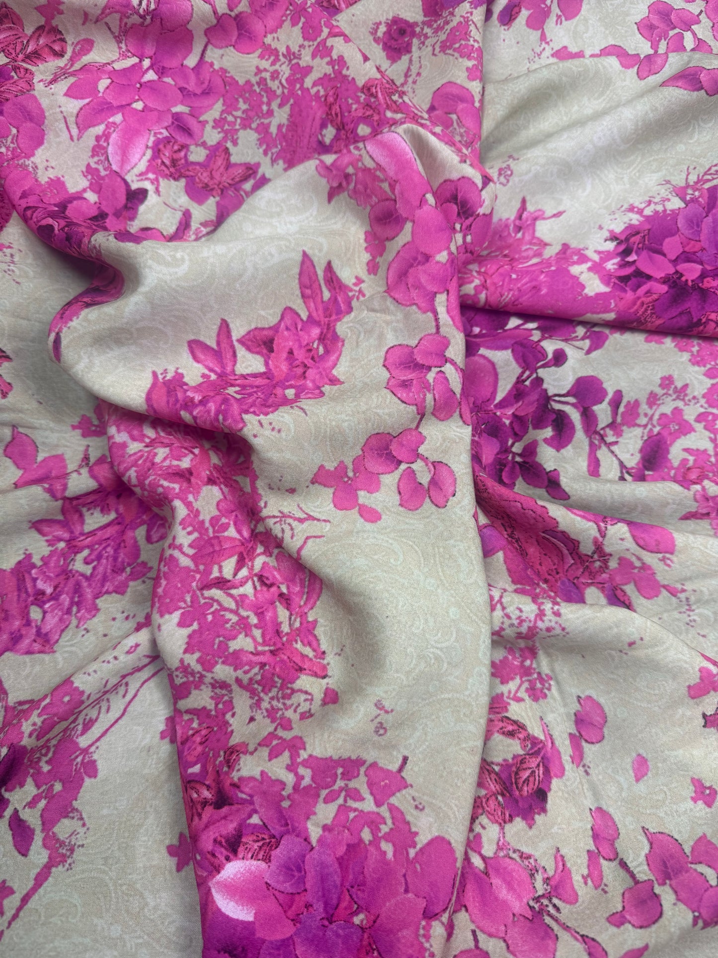 Fuchsia Blossom on Silver Viscose Dress Fabric | Sold by the Metre