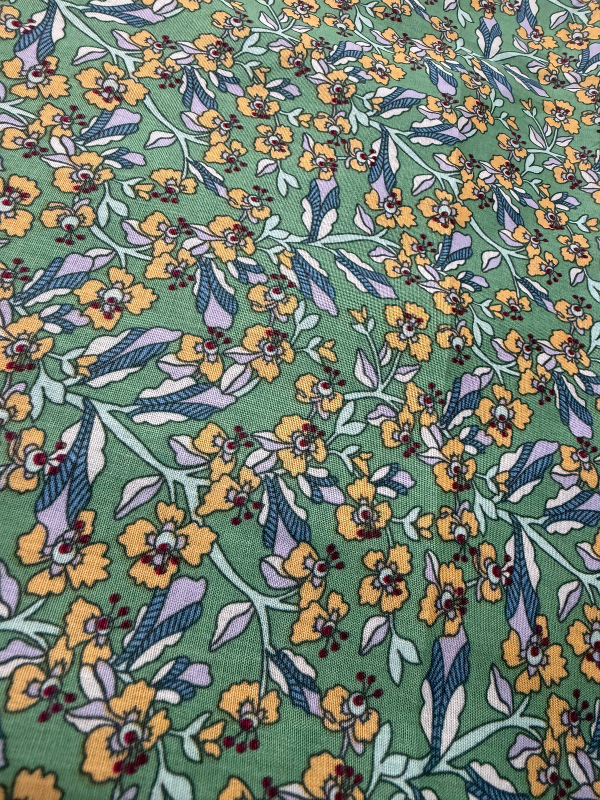 Apricot Floral on Sage Cotton Dress Fabric | Sold by the Metre