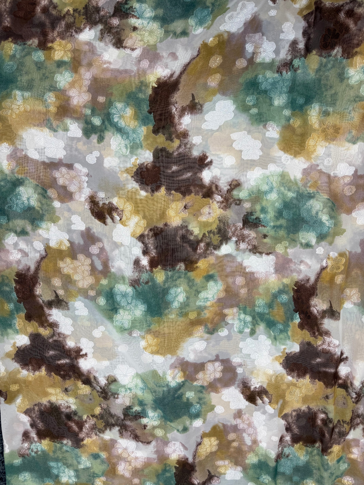 Mustard & Teal Watercolour Lurex Chiffon Fabric | Sold by the Metre