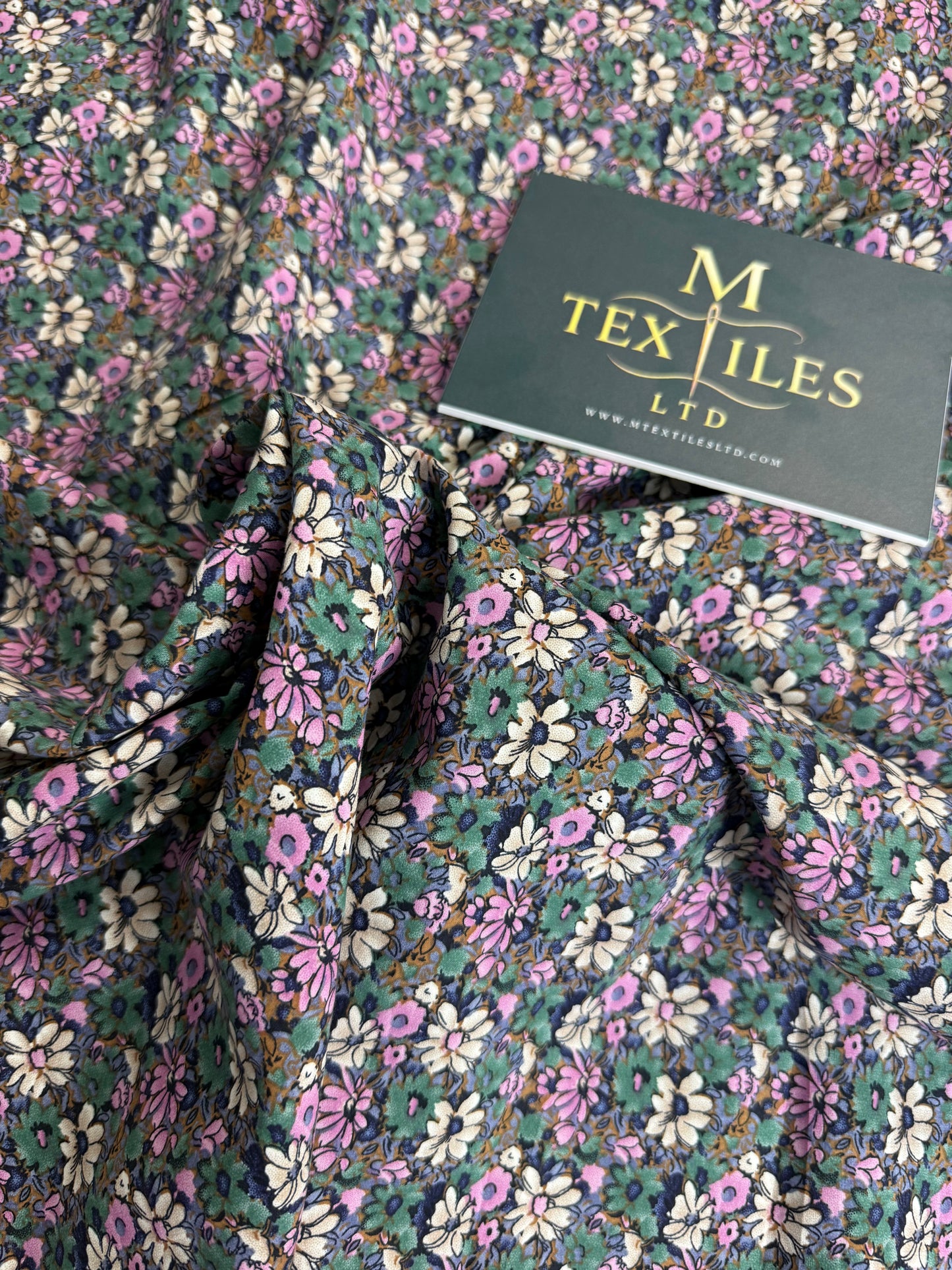 Pink & Sage Ditsy on Black Cotton Dress Fabric | Sold by the Metre