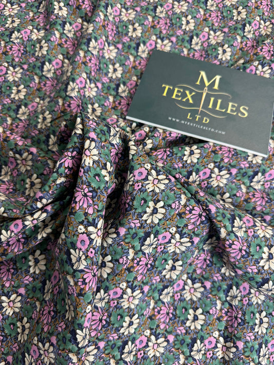 Pink & Sage Ditsy on Black Cotton Dress Fabric | Sold by the Metre