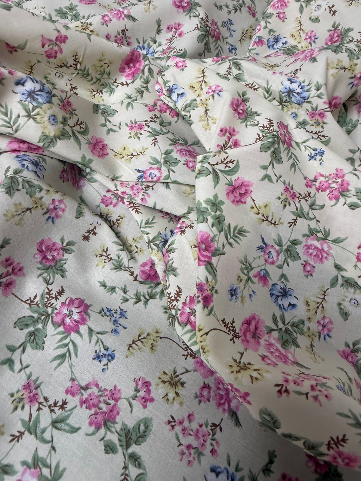 Pink Rose Spray on Cream Cotton Dress Fabric | Sold by the Metre