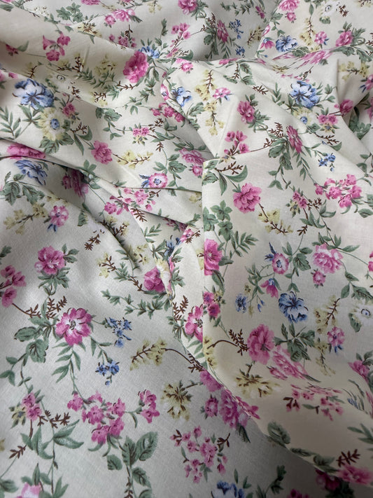 Pink Rose Spray on Cream Cotton Dress Fabric | Sold by the Metre
