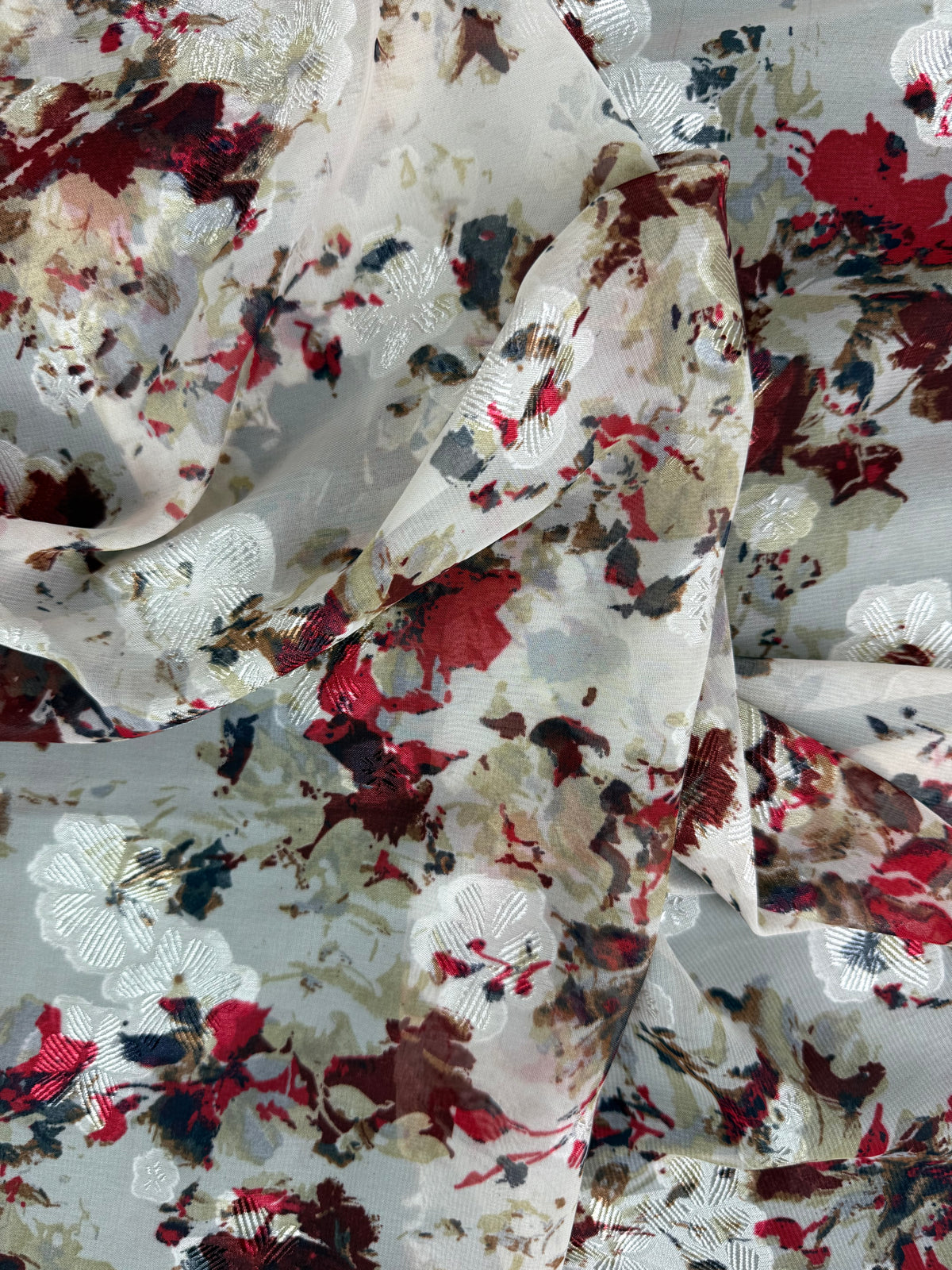 Burgundy Watercolour Chiffon Lurex Chiffon Fabric | Sold by the Metre