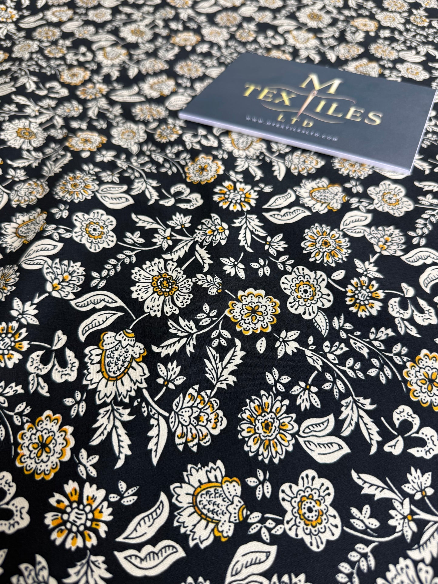 Cream & Gold Floral on Navy Cotton Dress Fabric | Sold by the Metre