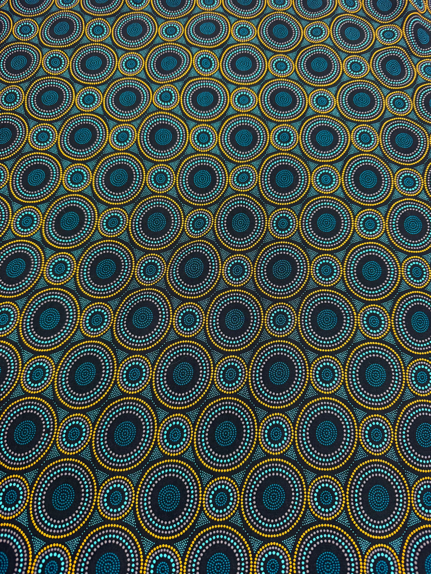 Teal & Ochre Circles Viscose Dress Fabric | Sold by the Metre