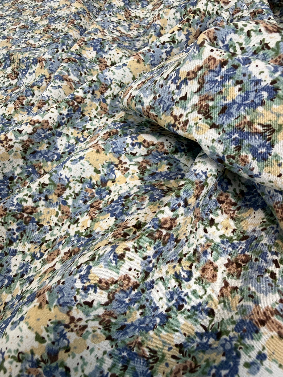 Blue & Beige Confetti Floral Polyester Dress Fabric | Sold by the Metre