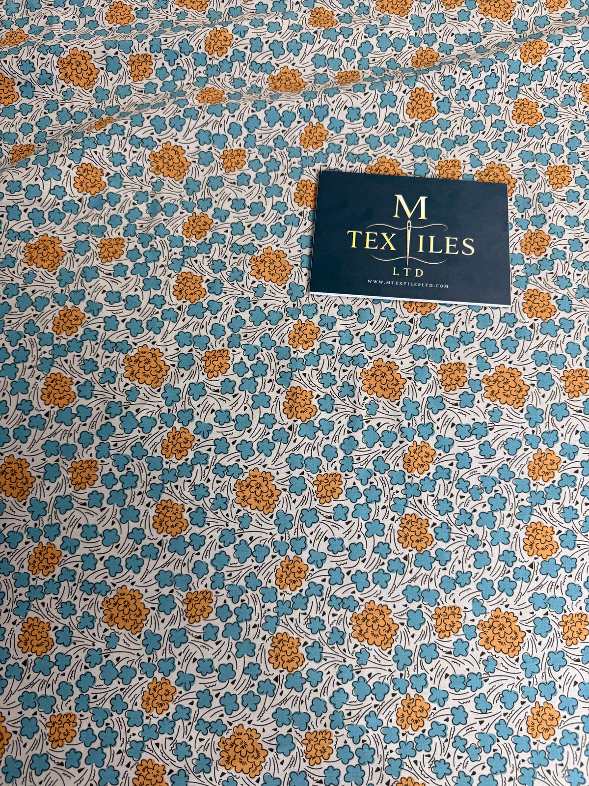 Teal & Mustard Retro Floral Cotton Dress Fabric | Sold by the Metre