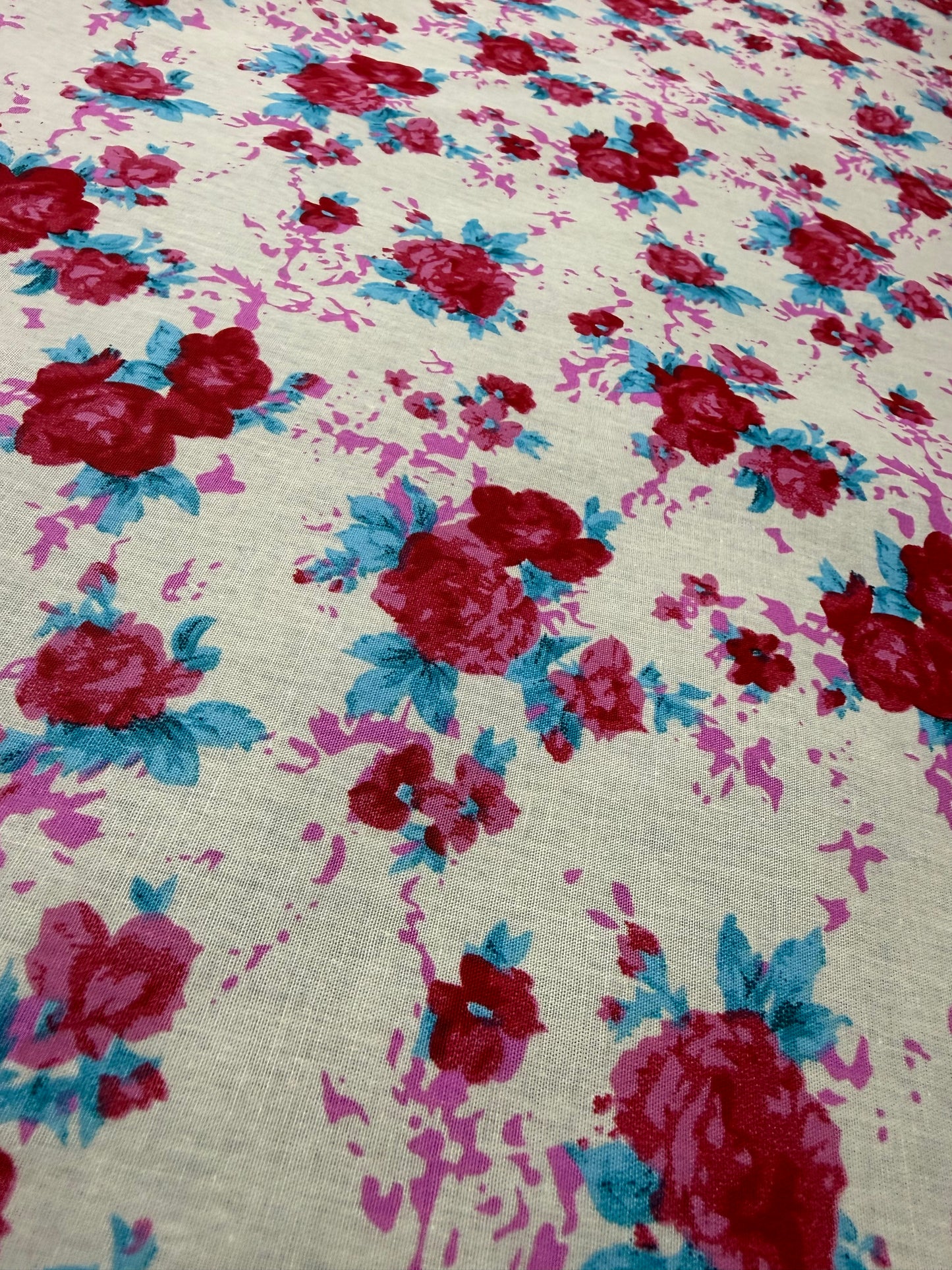 Magenta & Turquoise Rose Cotton Dress Fabric | Sold by the Metre