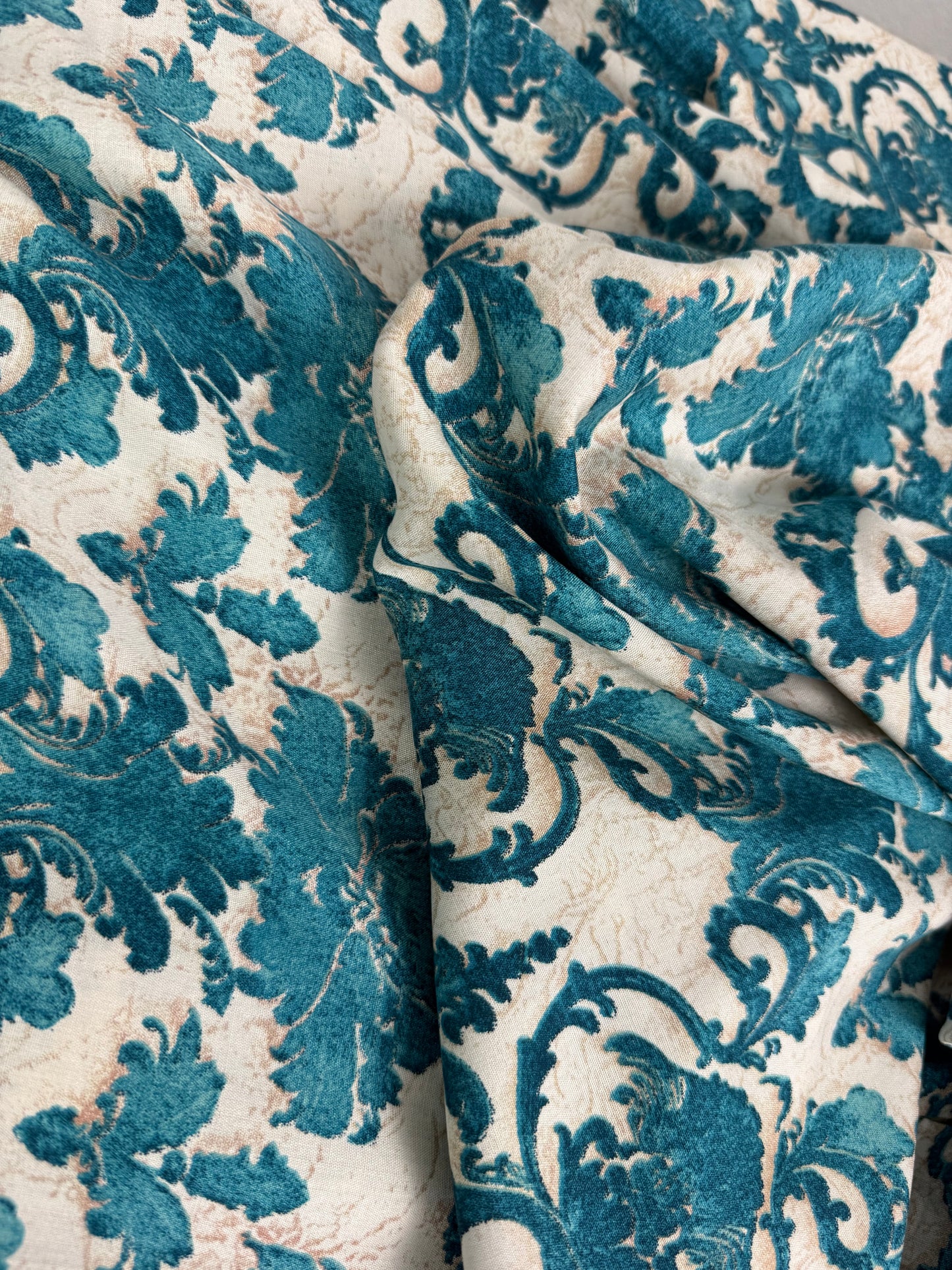 Teal Damask Viscose Dress Fabric | Sold by the Metre
