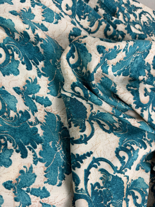 Teal Damask Viscose Dress Fabric | Sold by the Metre