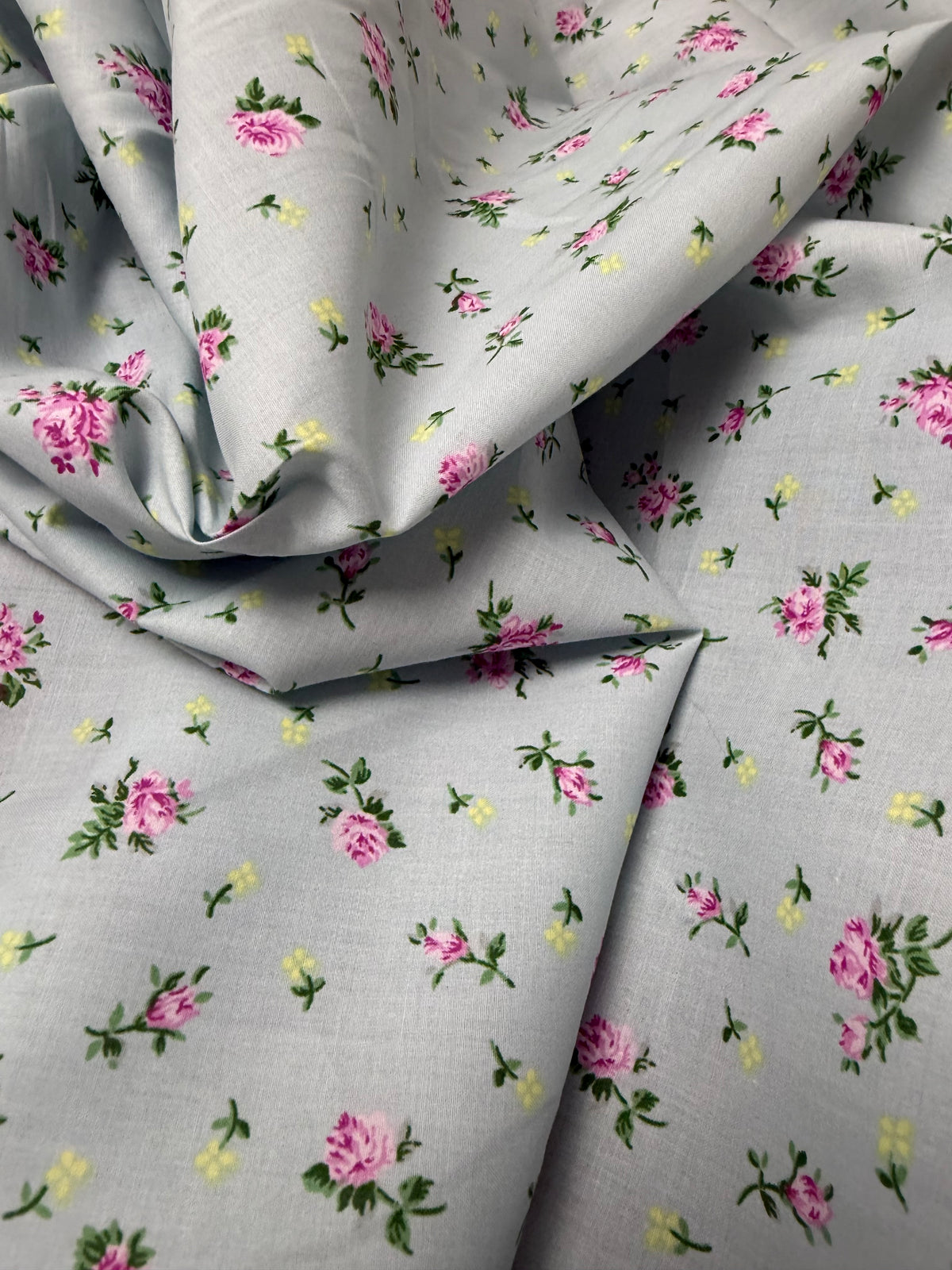 Pink Rosebud on Grey Cotton Dress Fabric | Sold by the Metre