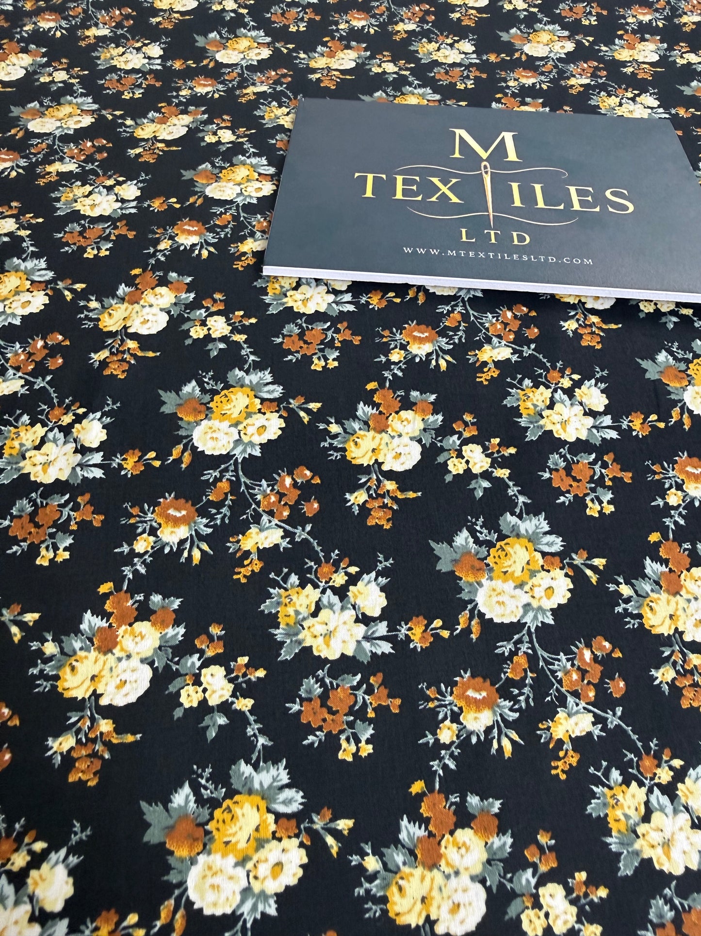 Autumn Rose on Black Cotton Dress Fabric | Sold by the Metre