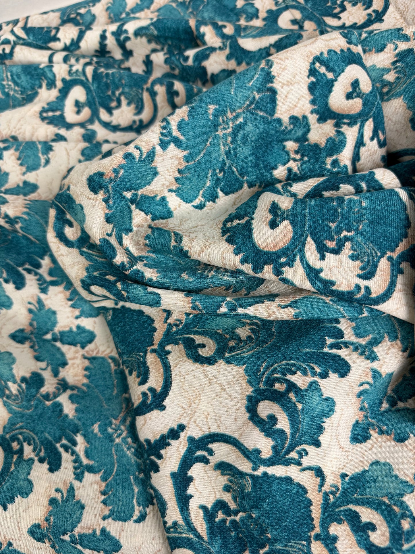 Teal Damask Viscose Dress Fabric | Sold by the Metre