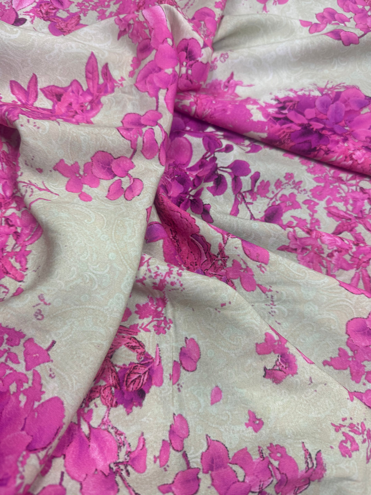 Fuchsia Blossom on Silver Viscose Dress Fabric | Sold by the Metre