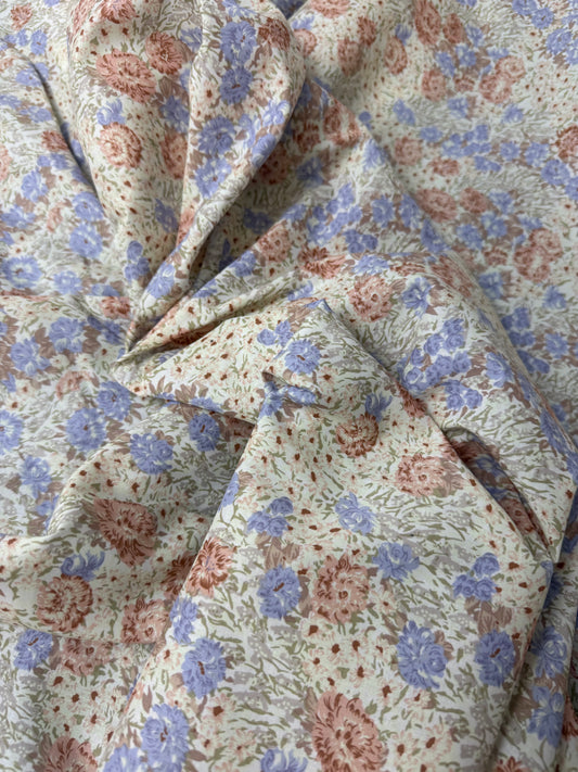 Blue & Peach Cottage Floral Cotton Dress Fabric | Sold by the Metre