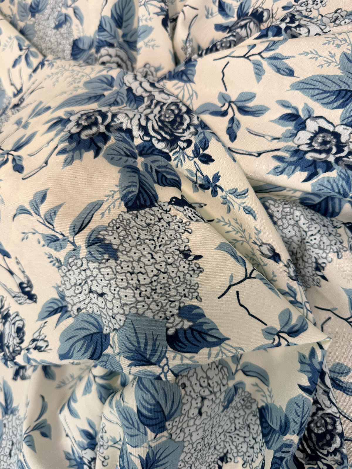 Blue Chinoiserie Hydrangea Polyester Dress Fabric | Sold by the Metre