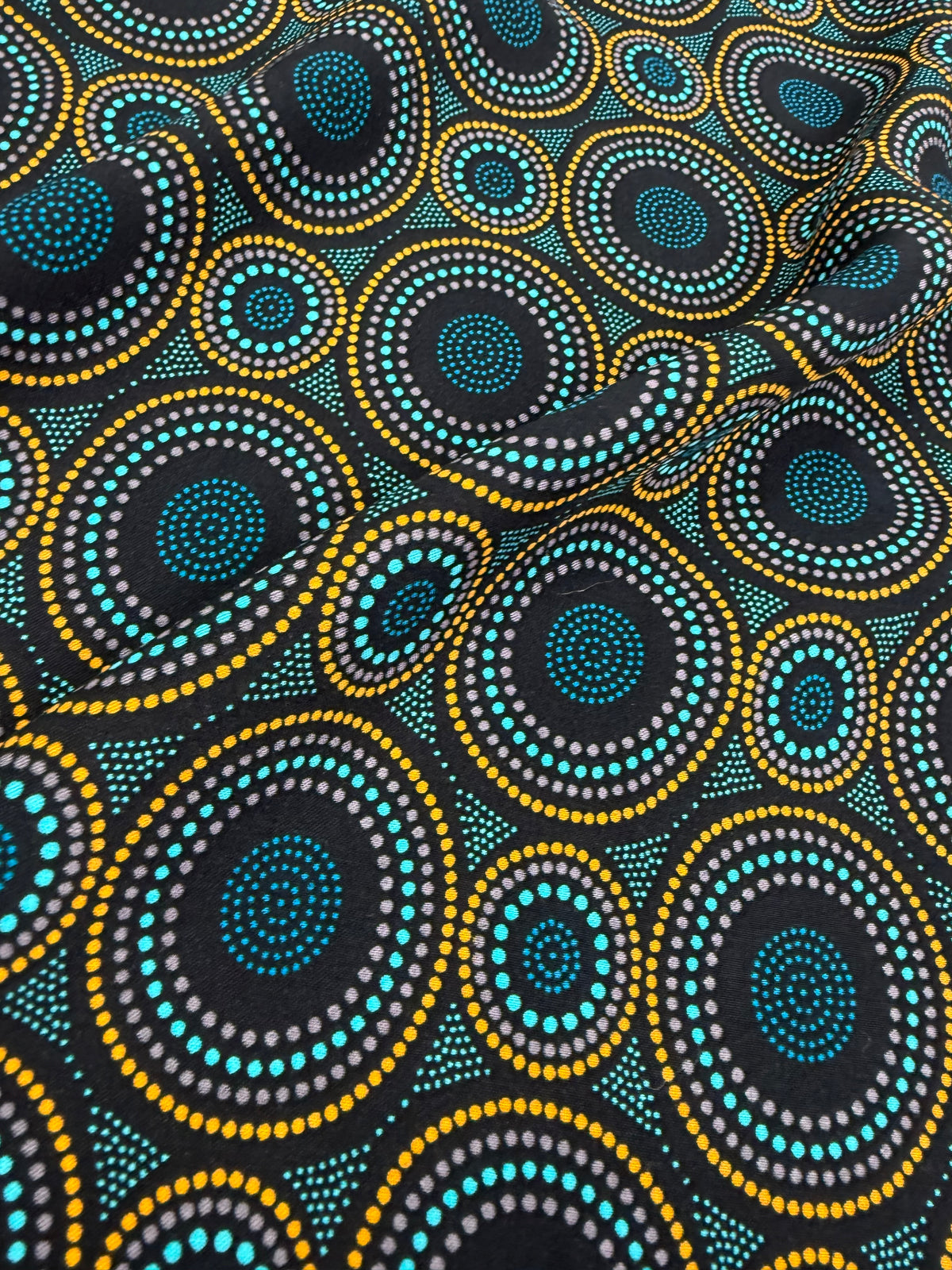Teal & Ochre Circles Viscose Dress Fabric | Sold by the Metre