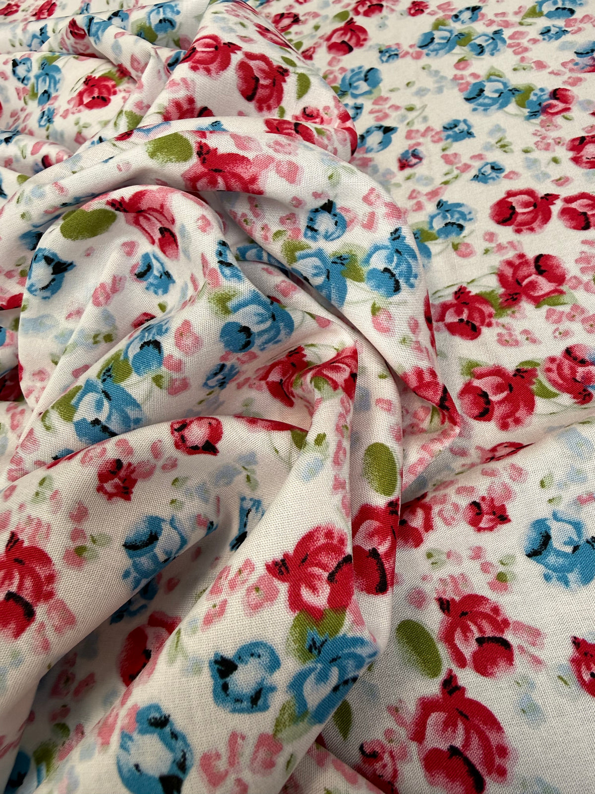 Red & Blue Rose Ditsy Viscose Dress Fabric | Sold by the Metre