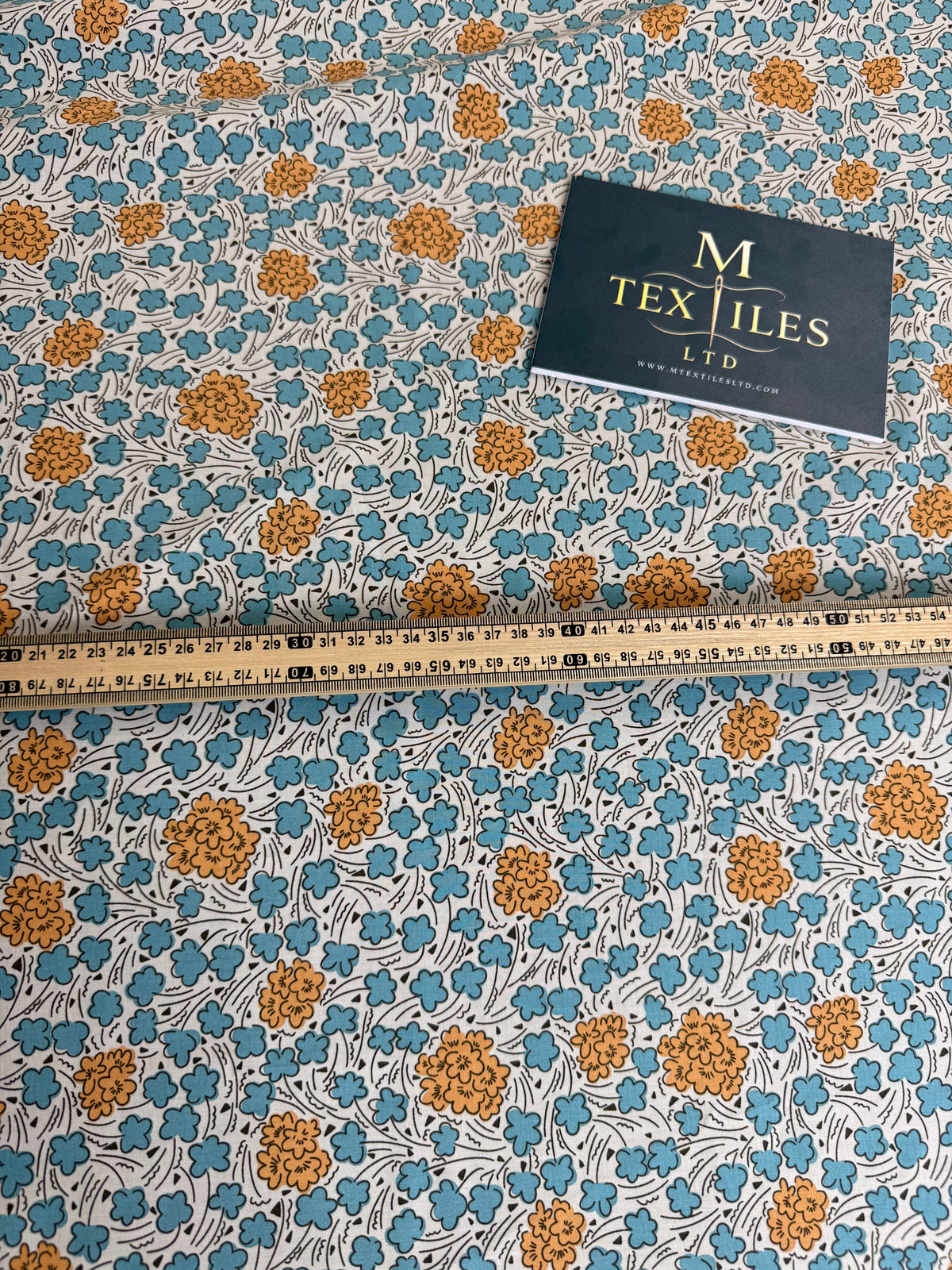 Teal & Mustard Retro Floral Cotton Dress Fabric | Sold by the Metre