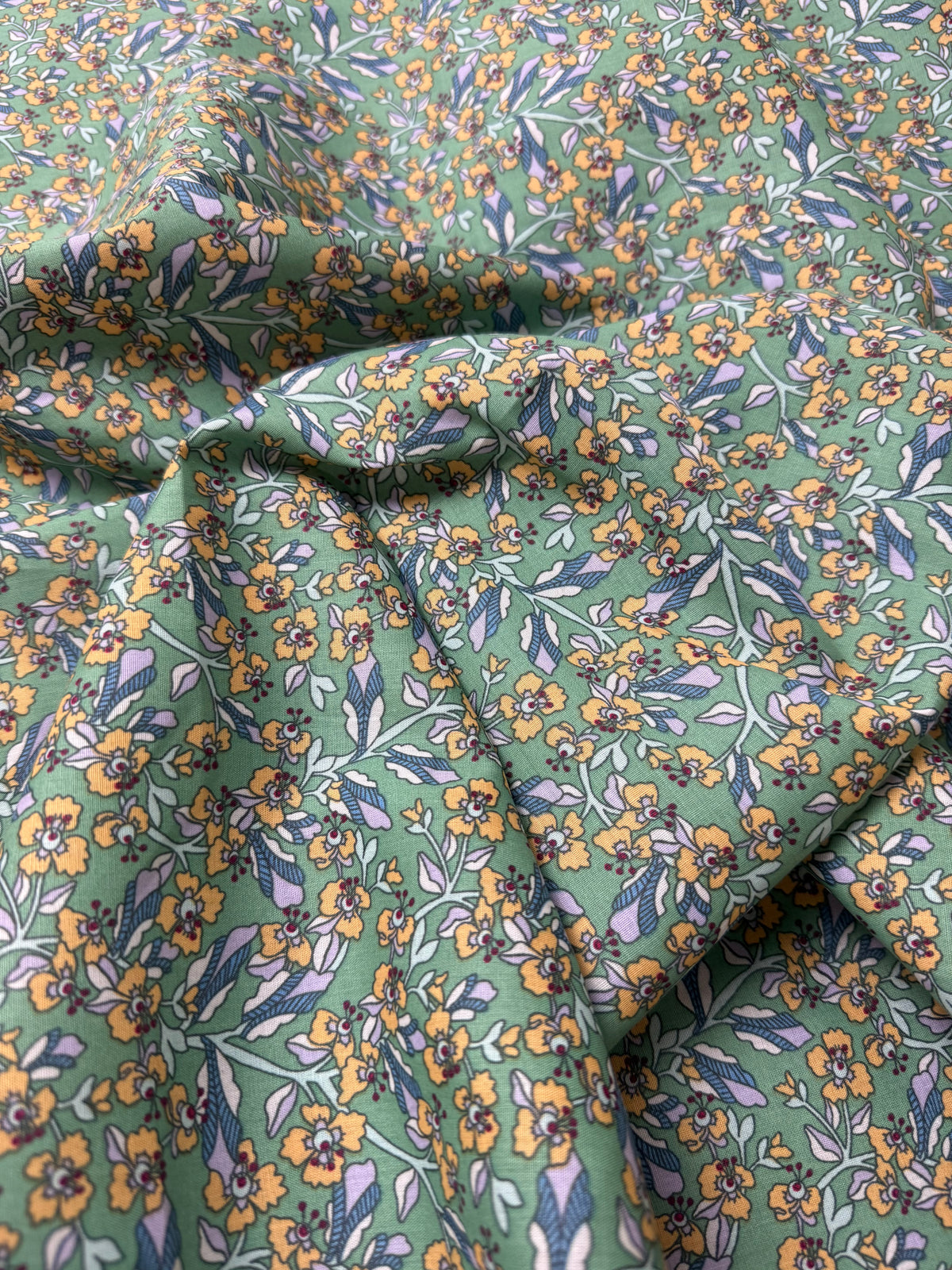 Apricot Floral on Sage Cotton Dress Fabric | Sold by the Metre