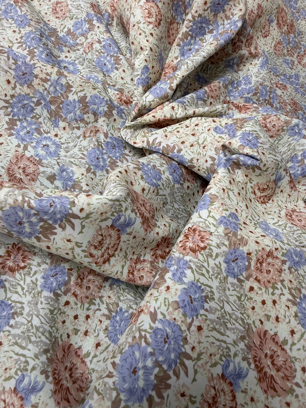 Blue & Peach Cottage Floral Cotton Dress Fabric | Sold by the Metre