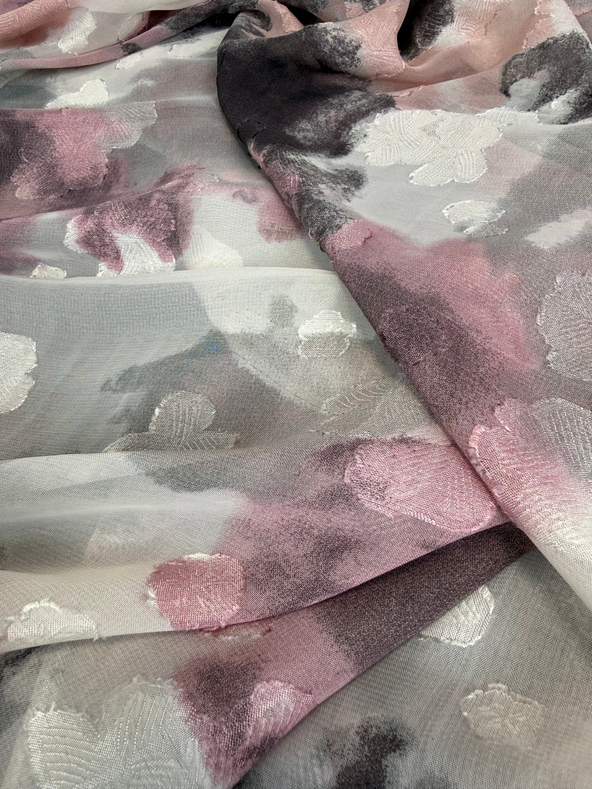 Blush & Grey Watercolour Lurex Chiffon Fabric | Sold by the Metre