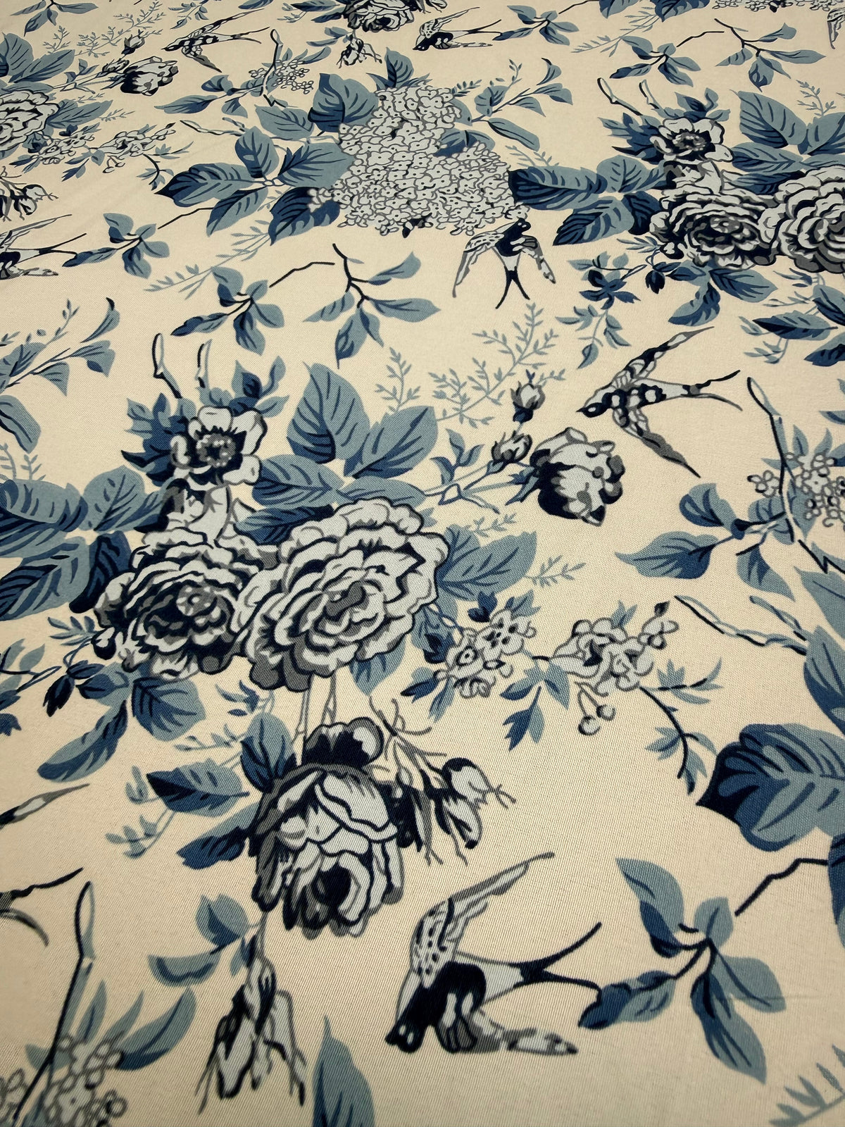 Blue Chinoiserie Hydrangea Polyester Dress Fabric | Sold by the Metre