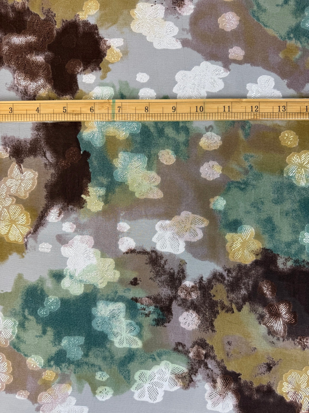 Mustard & Teal Watercolour Lurex Chiffon Fabric | Sold by the Metre