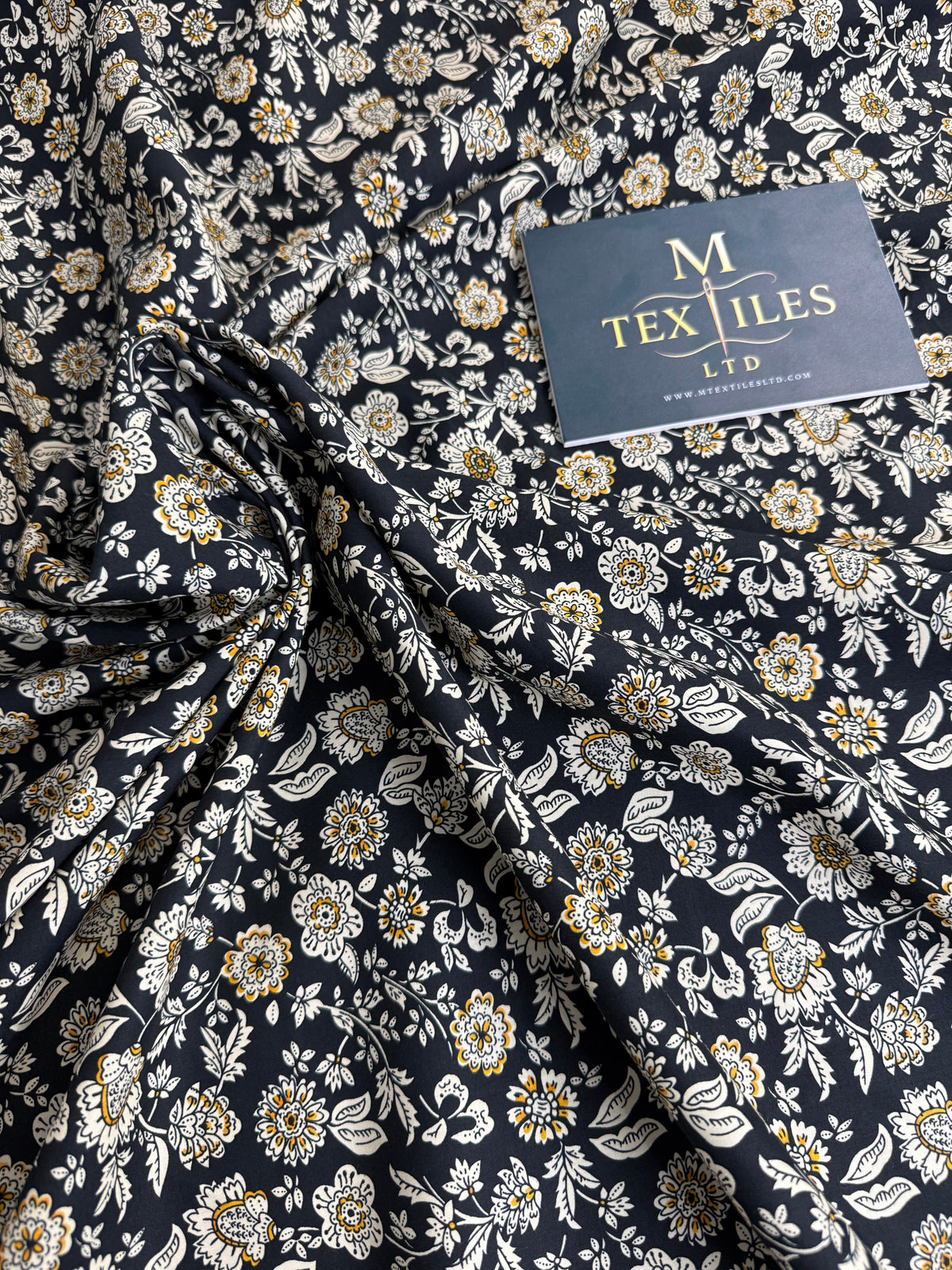 Cream & Gold Floral on Navy Cotton Dress Fabric | Sold by the Metre