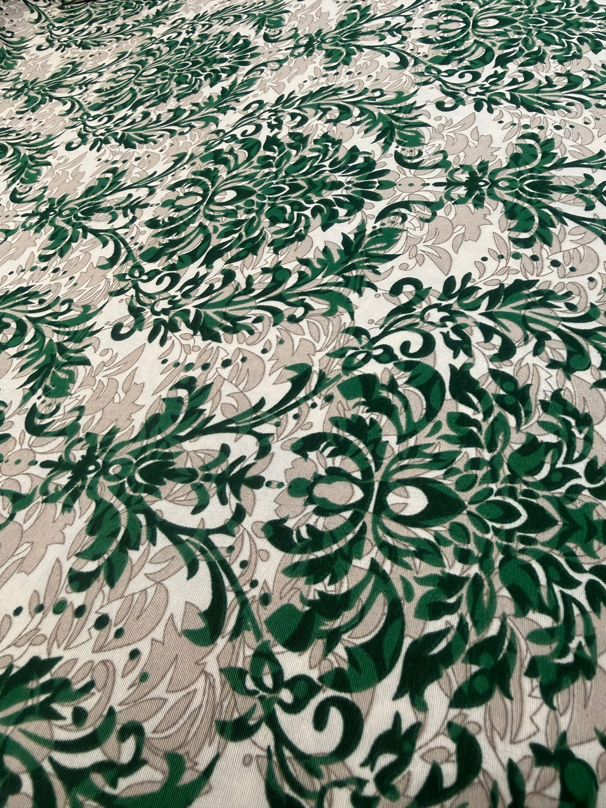 Emerald Damask Leaf Polyester Dress Fabric | Sold by the Metre